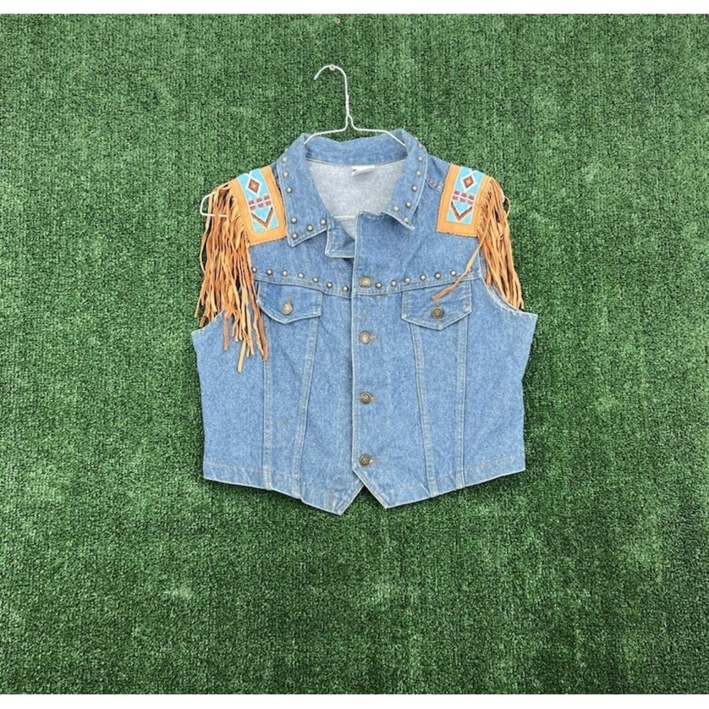 Vintage Watch L.A. Denim Vest L Horse Fringe Studded Cowgirl Western Boho